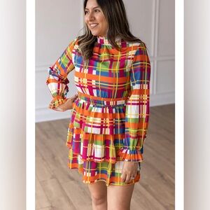 Keep On Charming Plaid Long Sleeve Tiered Mini Dress w/ Ruffle Details